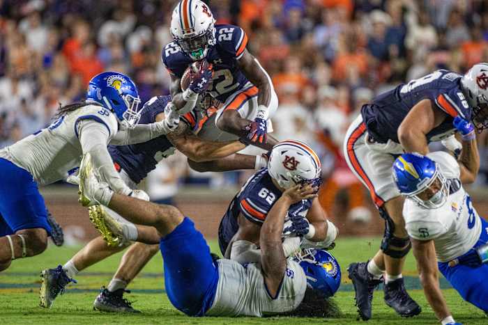 Auburn Tigers running back Damari Alston (22) goes airborne during the San Jose State vs Auburn game on Saturday, Sept. 10, 2022.